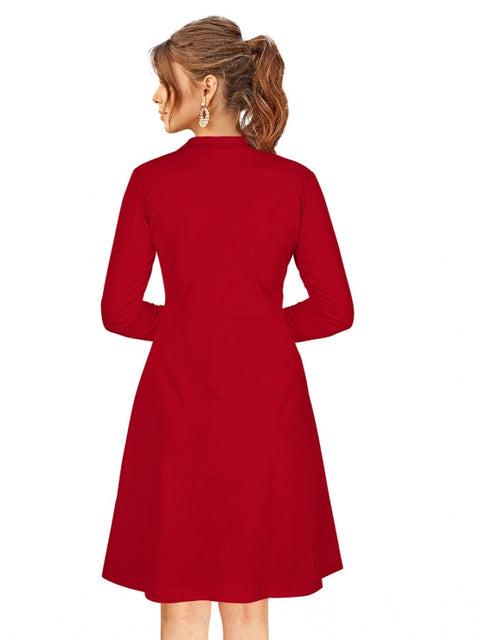 Generic Women's Knitting stretchable Solid Round Neck Full Sleeve Dress (Red)