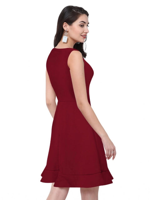 Generic Women's Polyester Solid Round Neck Sleeveless Dress (Maroon)