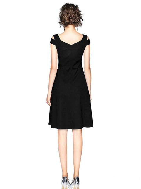 Generic Women's Polyester Solid V Neck Cap Sleeve off Shoulder Dress (Black)