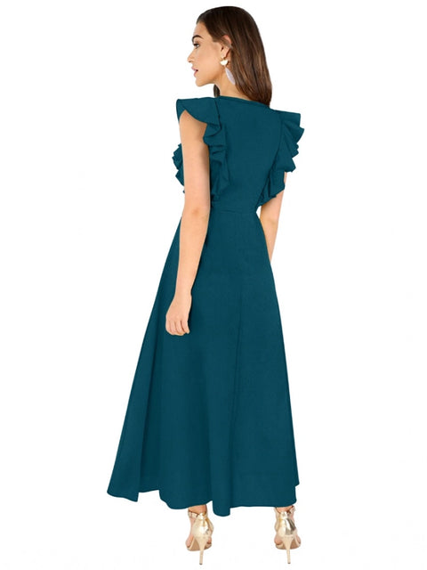Generic Women's Knitting stretchable Solid Round Neck Ruffled Sleeve Dress (Morpich)