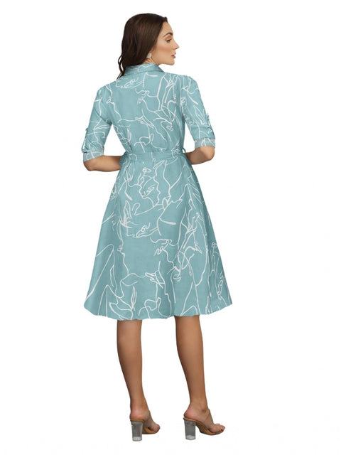 Generic Women's Ruby Cotton Printed Shirt Collar 3-4th Sleeve Dress (Pista)
