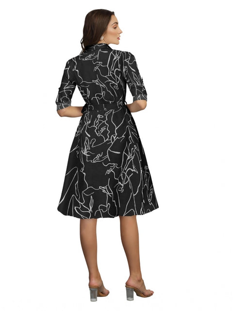 Generic Women's Ruby Cotton Printed Shirt Collar 3-4th Sleeve Dress (Black)