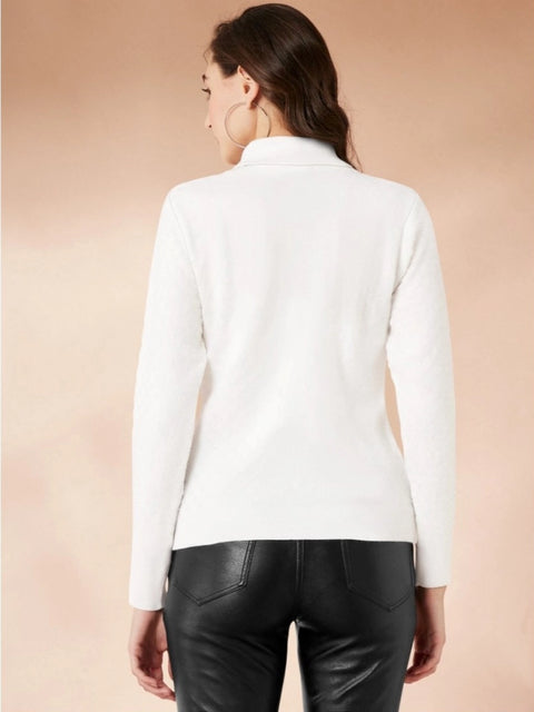 Generic Women's Polyester Solid High Neck Full Sleeve T-Shirt (White)