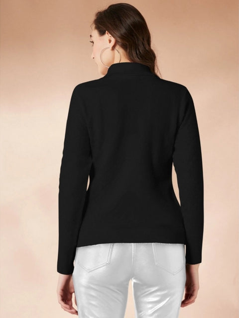 Generic Women's Polyester Solid High Neck Full Sleeve T-Shirt (Black)