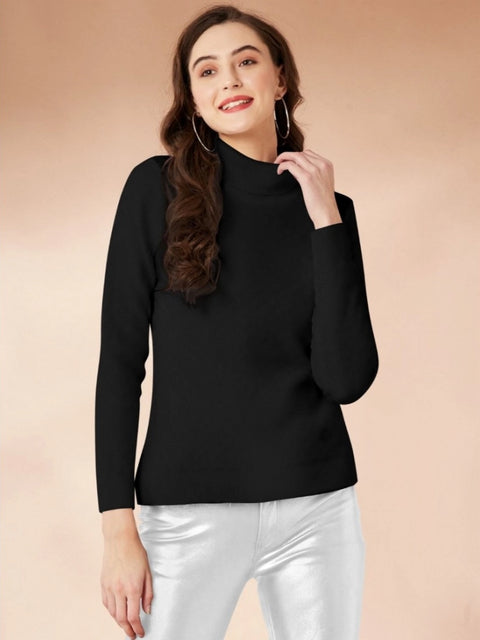 Generic Women's Polyester Solid High Neck Full Sleeve T-Shirt (Black)