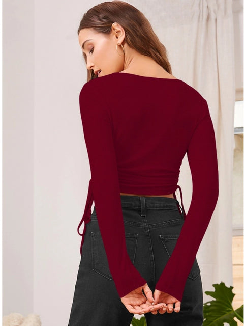 Generic Women's Polyester Solid Round Neck Full Sleeve Top (Maroon)