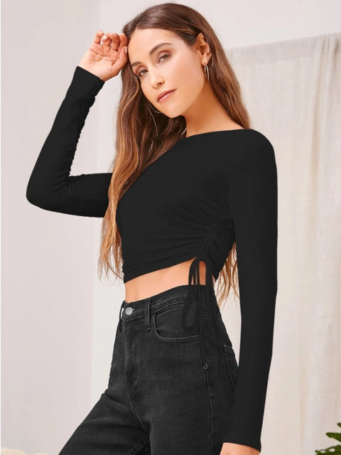 Generic Women's Polyester Solid Round Neck Full Sleeve Top (Black)