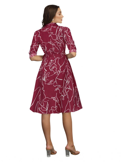 Generic Women's Ruby Cotton Printed Shirt Collar 3-4th Sleeve Dress (Maroon)