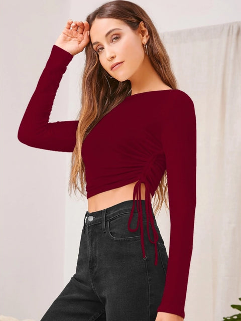 Generic Women's Polyester Solid Round Neck Full Sleeve Top (Maroon)