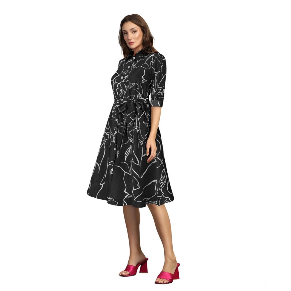 Generic Women's Ruby Cotton Printed Shirt Collar 3-4th Sleeve Dress (Black)
