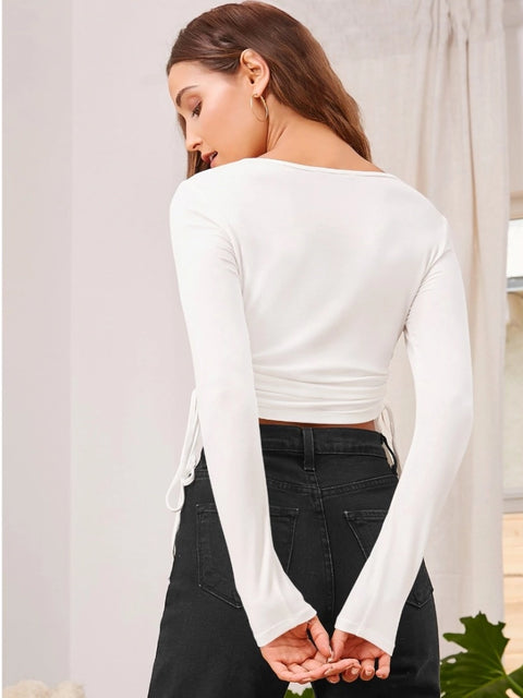 Generic Women's Polyester Solid Round Neck Full Sleeve Top (White)