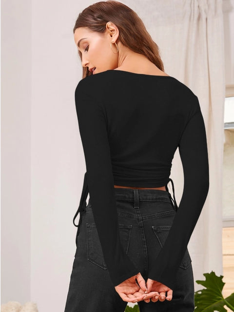 Generic Women's Polyester Solid Round Neck Full Sleeve Top (Black)
