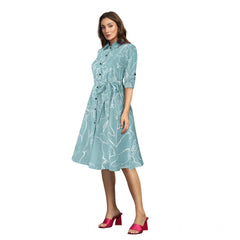 Generic Women's Ruby Cotton Printed Shirt Collar 3-4th Sleeve Dress (Pista)