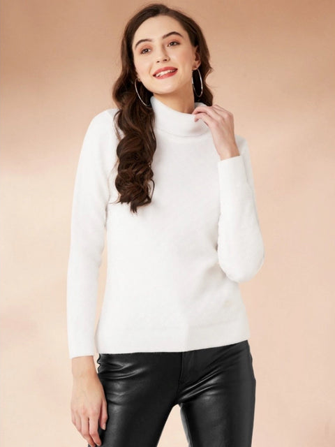 Generic Women's Polyester Solid High Neck Full Sleeve T-Shirt (White)