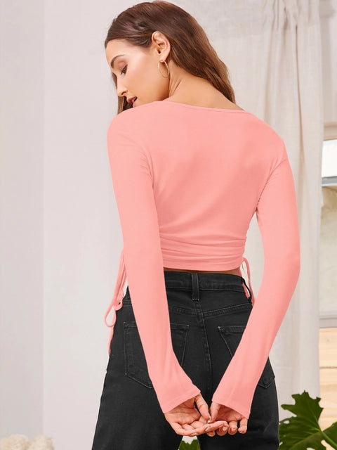 Generic Women's Polyester Solid Round Neck Full Sleeve Top (Peach)