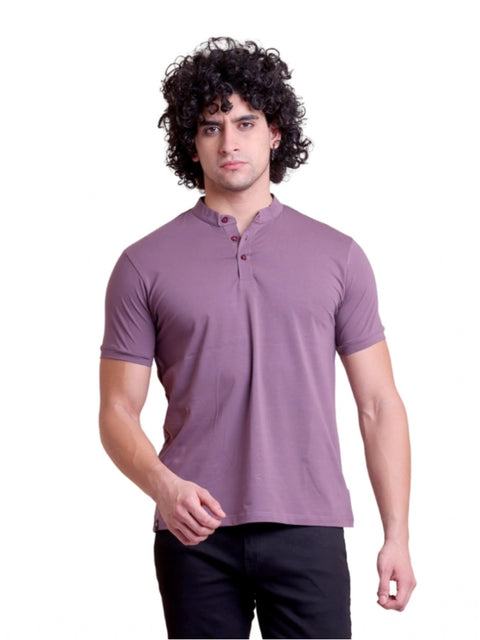 Generic Men's Casual Cotton Solid Half Sleeve Mandarin Collar T-Shirt (Berry)