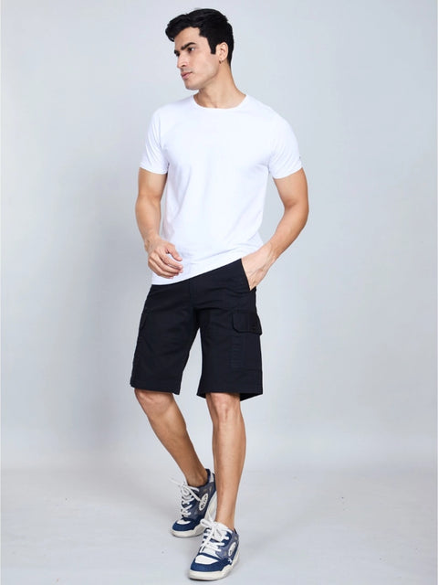 Generic Men's Casual Cotton Solid Knee Length Cargo Shorts (Black)