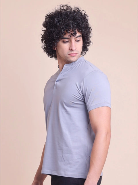 Generic Men's Casual Cotton Solid Half Sleeve Mandarin Collar T-Shirt (Teegrey)