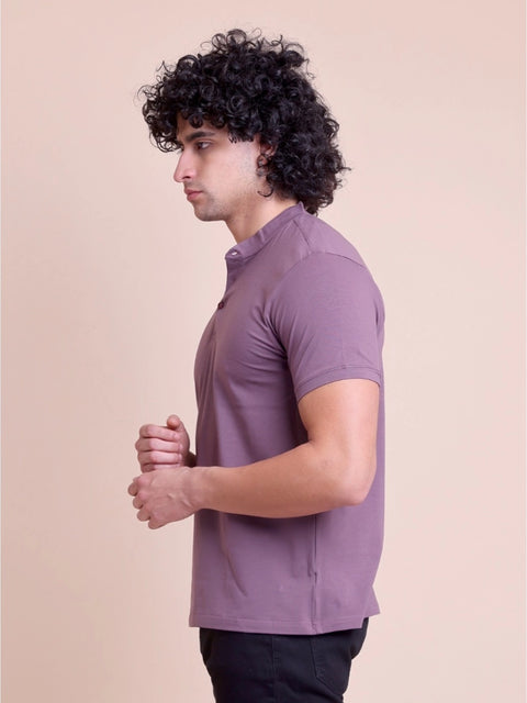Generic Men's Casual Cotton Solid Half Sleeve Mandarin Collar T-Shirt (Berry)