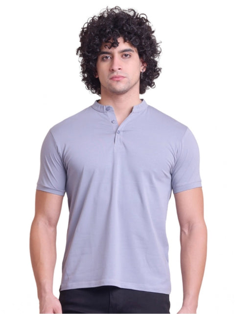 Generic Men's Casual Cotton Solid Half Sleeve Mandarin Collar T-Shirt (Teegrey)
