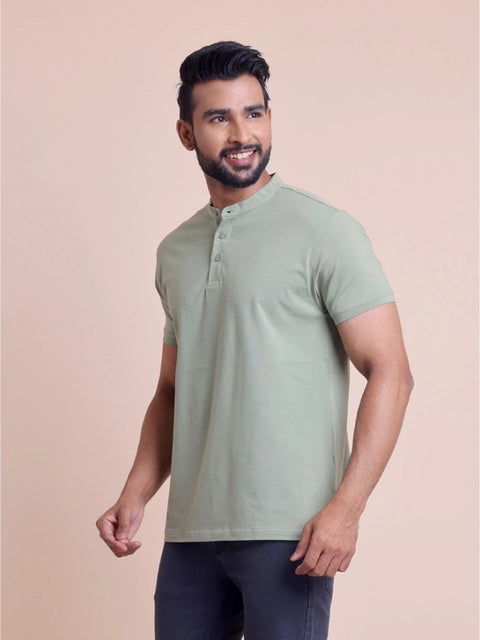 Generic Men's Casual Cotton Solid Half Sleeve Mandarin Collar T-Shirt (Newsage)