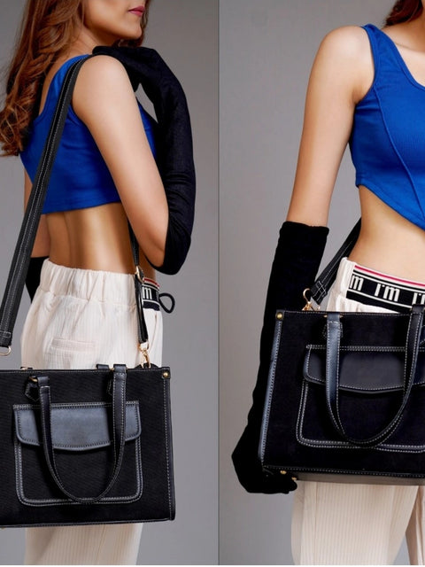 Women's Canvas Medium Top handle Satchel Zipper Handbag (Black)