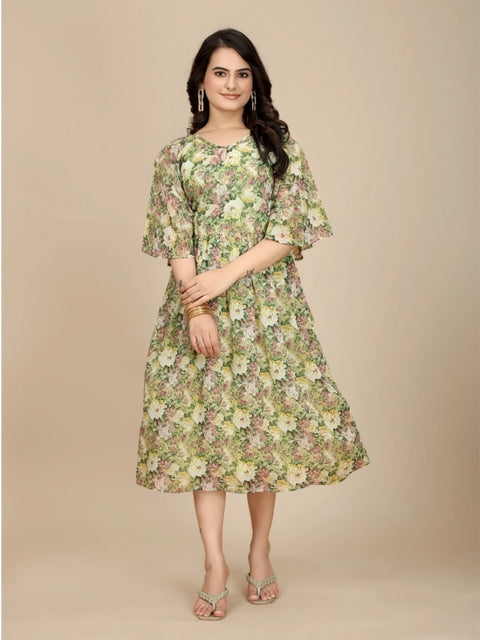 Generic Women's Georgette Printed Round Neck Short Sleeve Dress (Green)