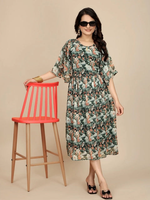 Generic Women's Georgette Printed Round Neck Short Sleeve Dress (Black)