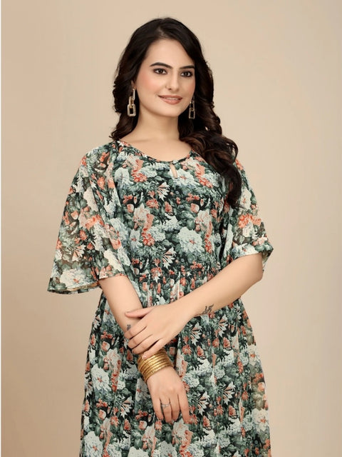 Generic Women's Georgette Printed Round Neck Short Sleeve Dress (Black)