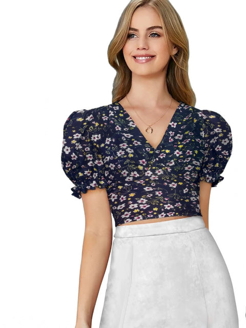 Generic Women's Knitting Printed V-Neck Puff Sleeve Tops (Navy Blue)