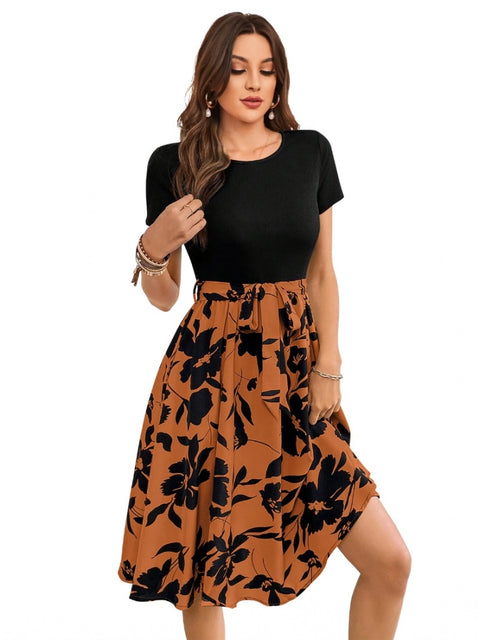 Generic Women's Knitting Printed Round Neck Short Sleeve Dress (Orange)