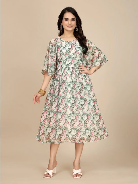 Generic Women's Georgette Printed Round Neck Short Sleeve Dress (Pink)