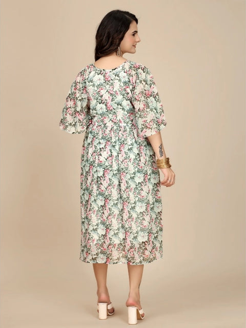Generic Women's Georgette Printed Round Neck Short Sleeve Dress (Pink)