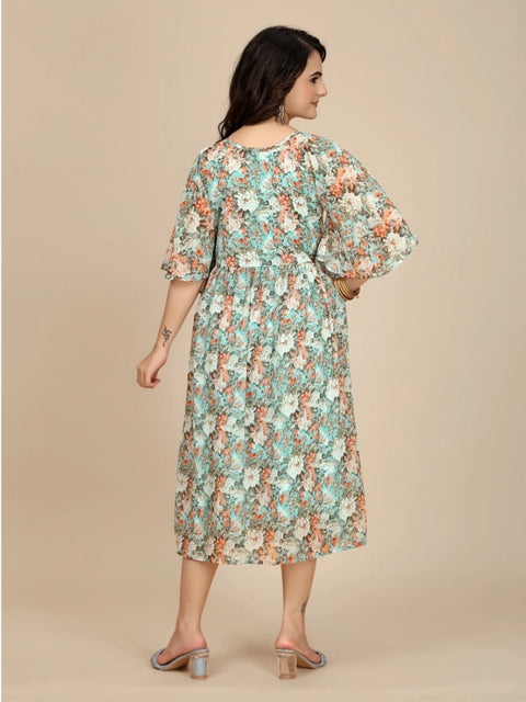 Generic Women's Georgette Printed Round Neck Short Sleeve Dress (Multicolor)