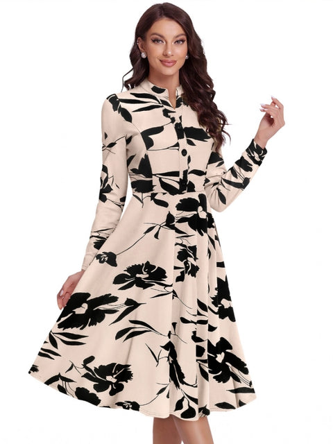 Generic Women's Knitting Printed V-Neck Full Sleeve Dress (Cream)