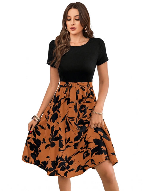 Generic Women's Knitting Printed Round Neck Short Sleeve Dress (Orange)