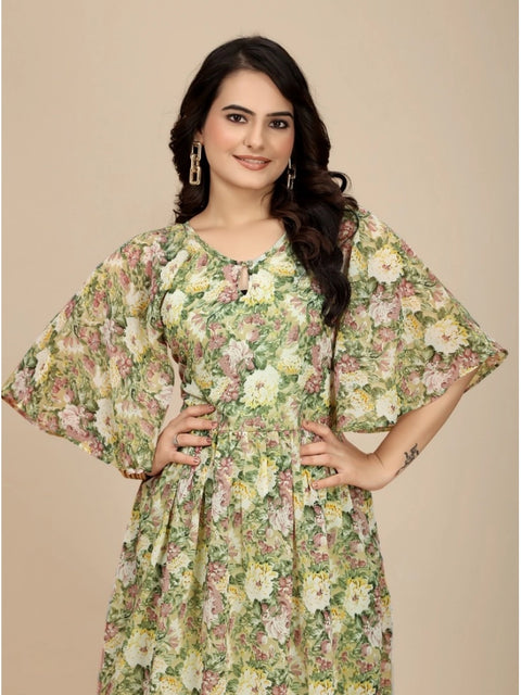 Generic Women's Georgette Printed Round Neck Short Sleeve Dress (Green)