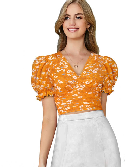 Generic Women's Knitting Printed V-Neck Puff Sleeve Tops (Yellow)