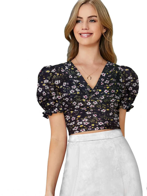 Generic Women's Knitting Printed V-Neck Puff Sleeve Tops (Black)