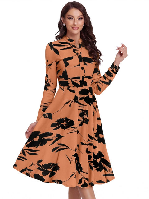 Generic Women's Knitting Printed V-Neck Full Sleeve Dress (Orange)