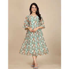 Generic Women's Georgette Printed Round Neck Short Sleeve Dress (Multicolor)