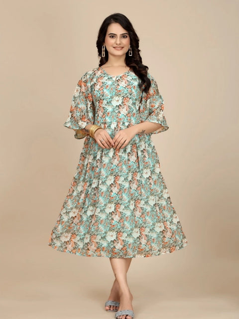 Generic Women's Georgette Printed Round Neck Short Sleeve Dress (Multicolor)