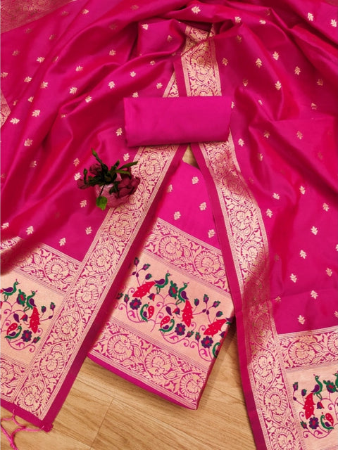Generic Women's Banarasi Silk Printed Unstitched Salwar Suit Material With Dupatta (Pink, 3Mtrs)