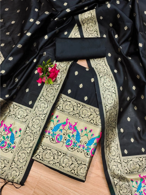 Generic Women's Banarasi Silk Printed Unstitched Salwar Suit Material With Dupatta (Black, 3Mtrs)