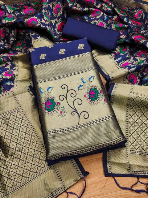 Generic Women's Banarasi Silk Printed Unstitched Salwar Suit Material With Dupatta (Navy Blue, 3Mtrs)