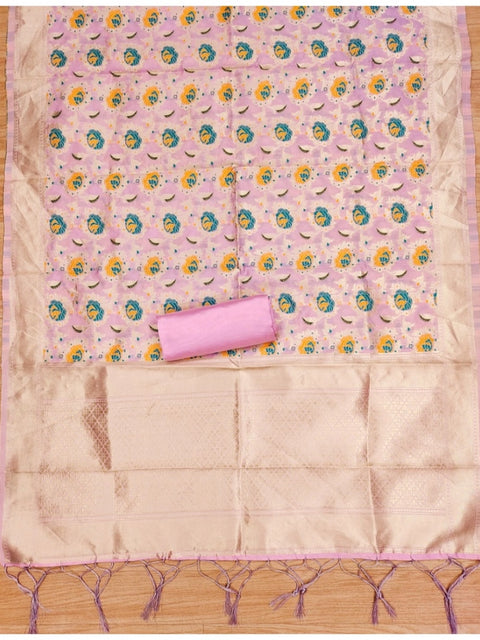 Generic Women's Banarasi Silk Printed Unstitched Salwar Suit Material With Dupatta (Pink, 3Mtrs)