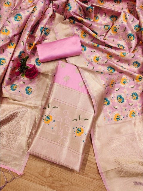 Generic Women's Banarasi Silk Printed Unstitched Salwar Suit Material With Dupatta (Pink, 3Mtrs)