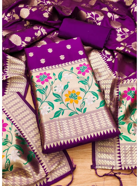 Generic Women's Banarasi Silk Printed Unstitched Salwar Suit Material With Dupatta (Purple, 3Mtrs)