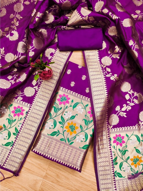 Generic Women's Banarasi Silk Printed Unstitched Salwar Suit Material With Dupatta (Purple, 3Mtrs)