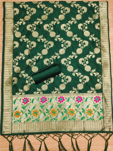 Generic Women's Banarasi Silk Printed Unstitched Salwar Suit Material With Dupatta (Green, 3Mtrs)